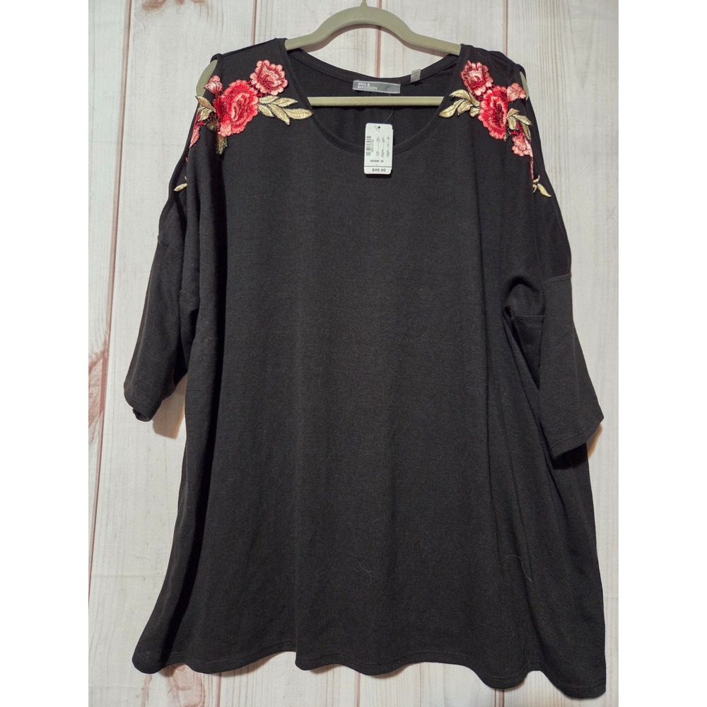 89th & Madison Black Cold Shoulder Embroidered Sweater 3X Whimsigoth
